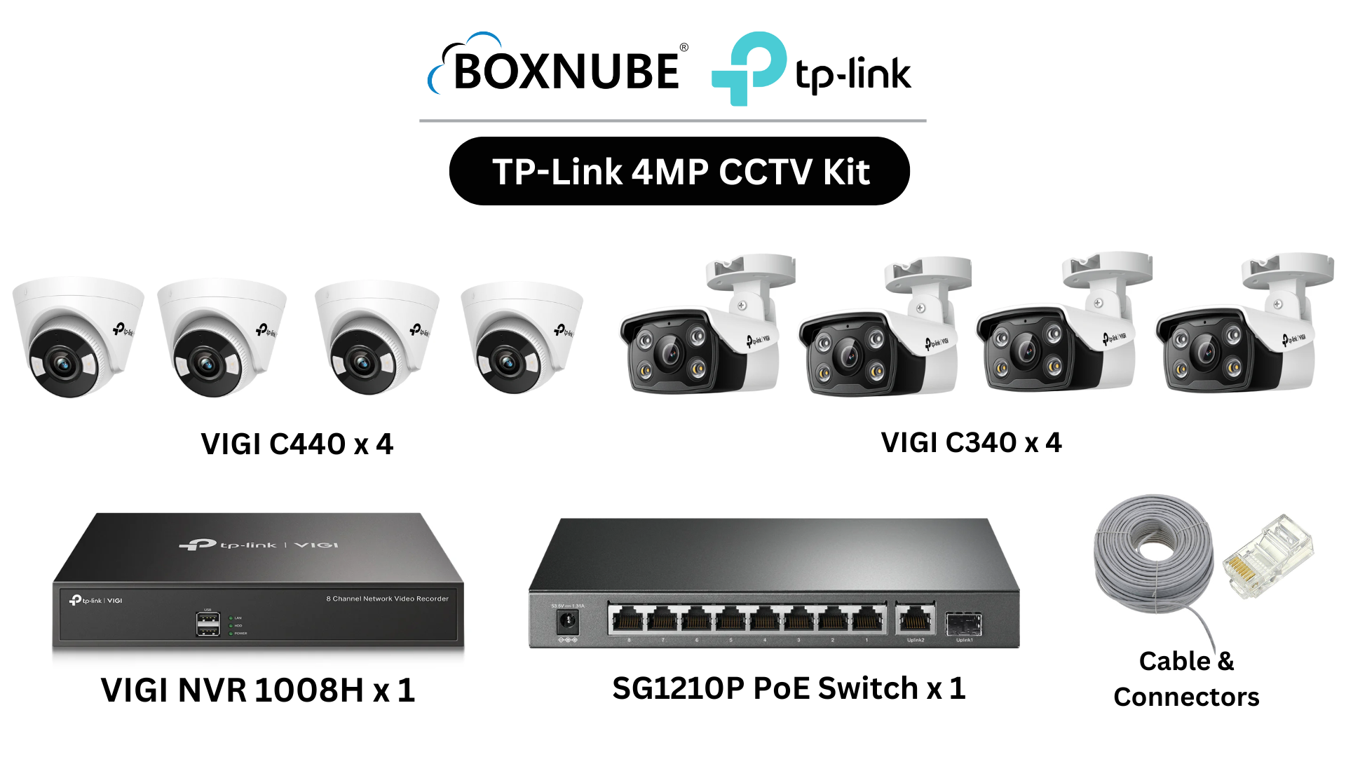 TP-Link VIGI 4MP 8 Camera Kit Bundle 4 x VIGI C340 Bullet 4 x VIGI C440 Turret, 8 Channel NVR, 8 Port PoE Gigabit Switch, 100M CAT6 Cable, RJ45 Plug TP-Link VIGI 4MP 8 Camera Kit Bundle 4 x VIGI C340 Bullet 4 x VIGI C440 Turret, 8 Channel NVR, 8 Port PoE Gigabit Switch, 100M CAT6 Cable, RJ45 Plug